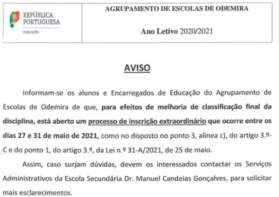 PROCESSO EXTRAORDIN&Aacute;RIO DE INSCRI&Ccedil;&Atilde;O - EXAMES 2021 (27 a 31 de maio de 2021)