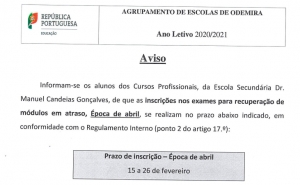Cursos Profissionais: Calend&aacute;rio de exames e matrizes (m&oacute;dulo 3 e 4 - Portugu&ecirc;s) - &Eacute;poca de setembro