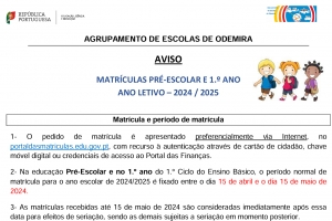 Matr&iacute;culas: Pr&eacute;-escolar e 1.&ordm; Ano (2024/2025)